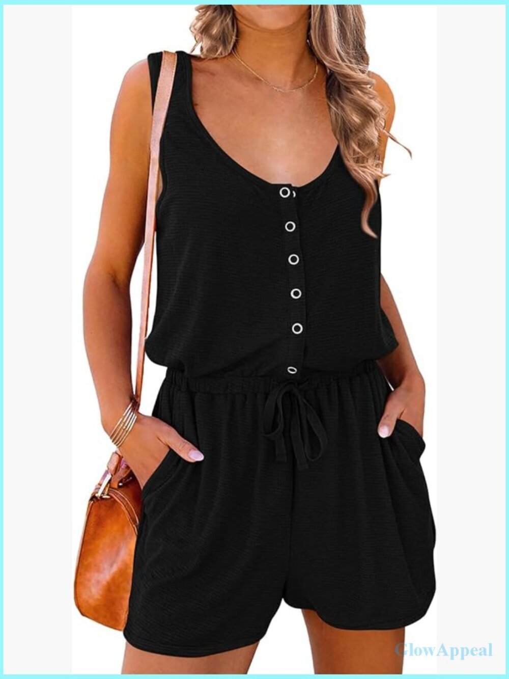 Sleeveless Scoop Neck Button Down Shorts Jumpsuit Romper With Pockets